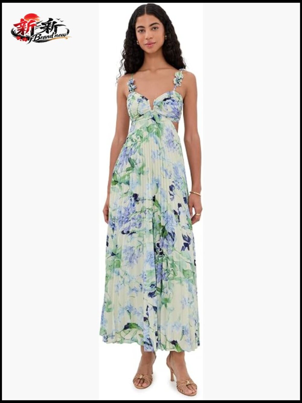 Floral Pleated Maxi Dress with 3D Flower Applique Adjustable Straps